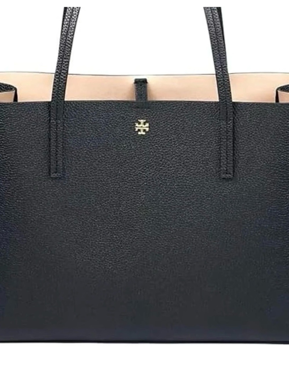 Tory Burch Black Pebbled Leather Tote with Gold Logo